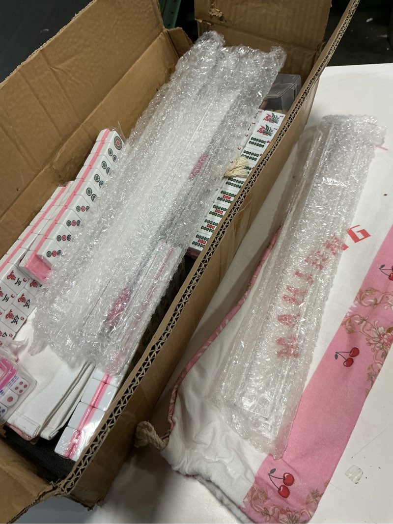 Condition photo showing Good Condition for american mahjong tiles set with noise reducing mahjong mat, 166 pink mahjong game with portable storage bags, 4 all-in-one color rack/pushers, scoring, plastic coins dices for adults & beginners