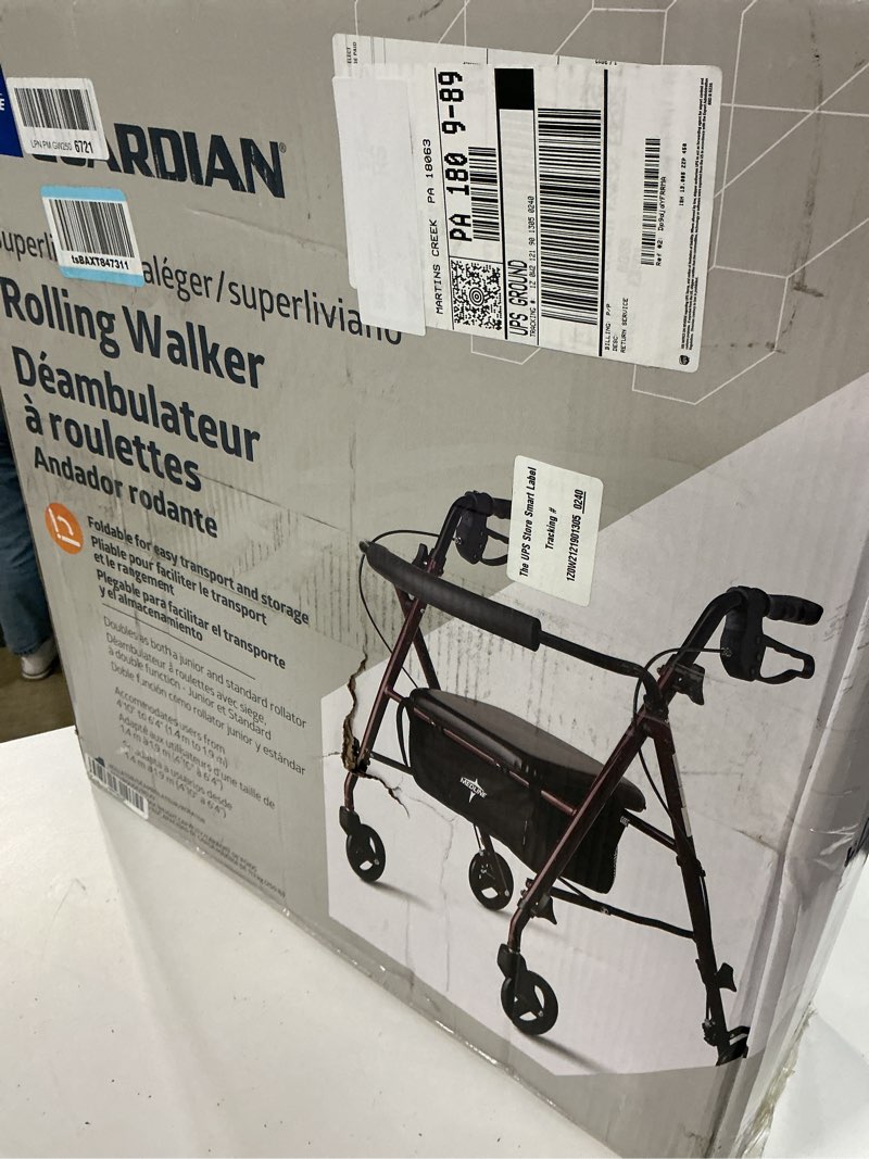 Condition photo showing New/Like New for medline superlight folding aluminum mobility rollator walker, red, 250 lb. weight capacity, 6" wheels, adjustable arms and seat, foldable rolling walker for seniors burgundy