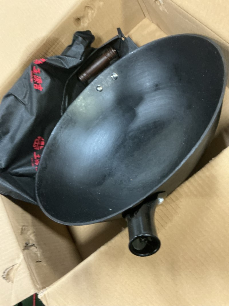 Condition photo showing As Is for wangyuanji cast iron wok pan 13.4 inch, flat bottom chinese stir fry wok with wooden lid & handle, textured uncoated large wok skillet for induction cooktop, gas & electric, seasoning recommended 13.4 inch-wooden lid