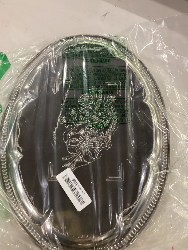 Condition photo showing Good Condition for 6-pack large silver serving trays (16" x 12") – oval floral engraved serving platters for parties, weddings, birthdays, festive occasions – mirror trays for appetizers, charcuterie, cookies, desserts