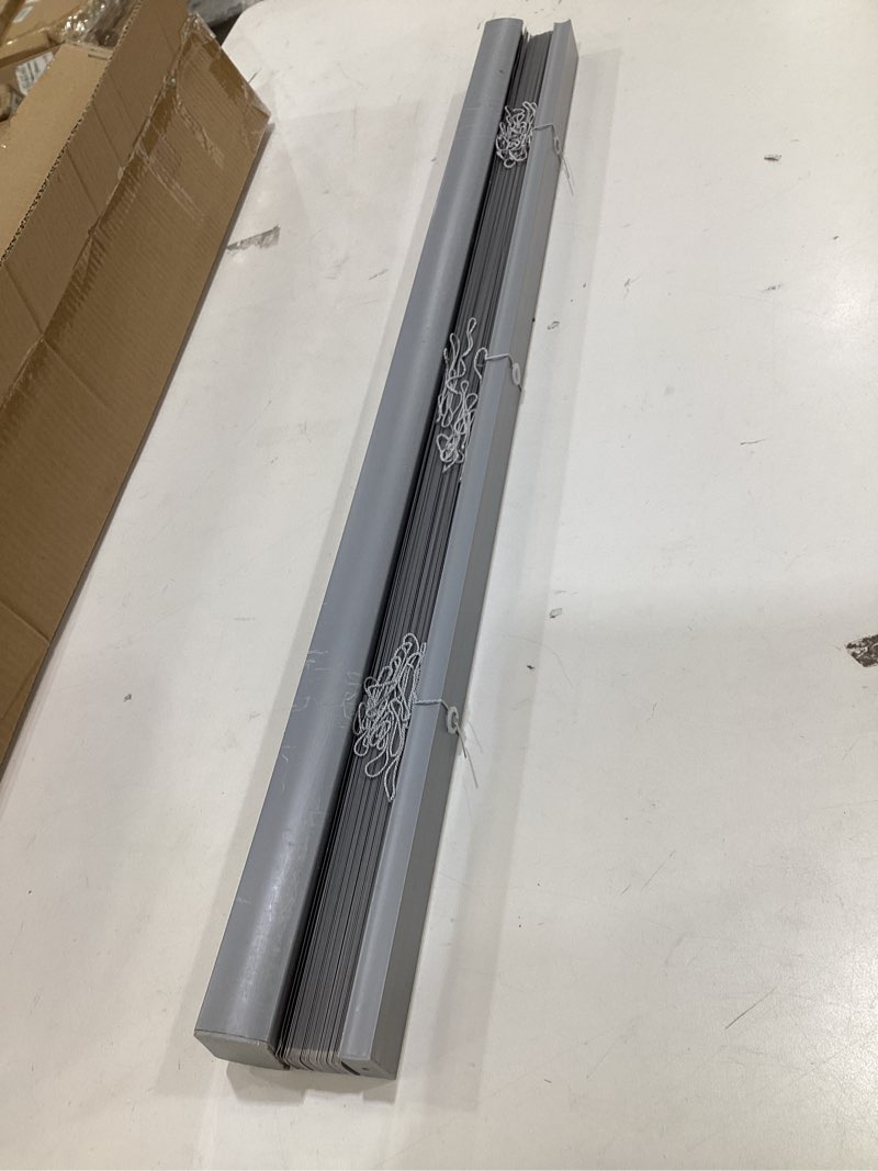 Condition photo showing As Is for CHICOLOGY Cordless Mini Blinds, Gloss Gray, 31'W x 48'H, Vinyl, Indoor, Inside Mount, Best for Kids, Blackout 31"W x 48"H Gray (Commercial Grade)