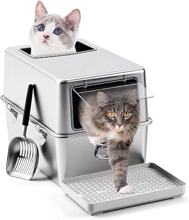 Maxdot Stainless Steel Litter Box with Lid, XL Large Enclosed Metal Cat Litter Box with Scoop and Ma