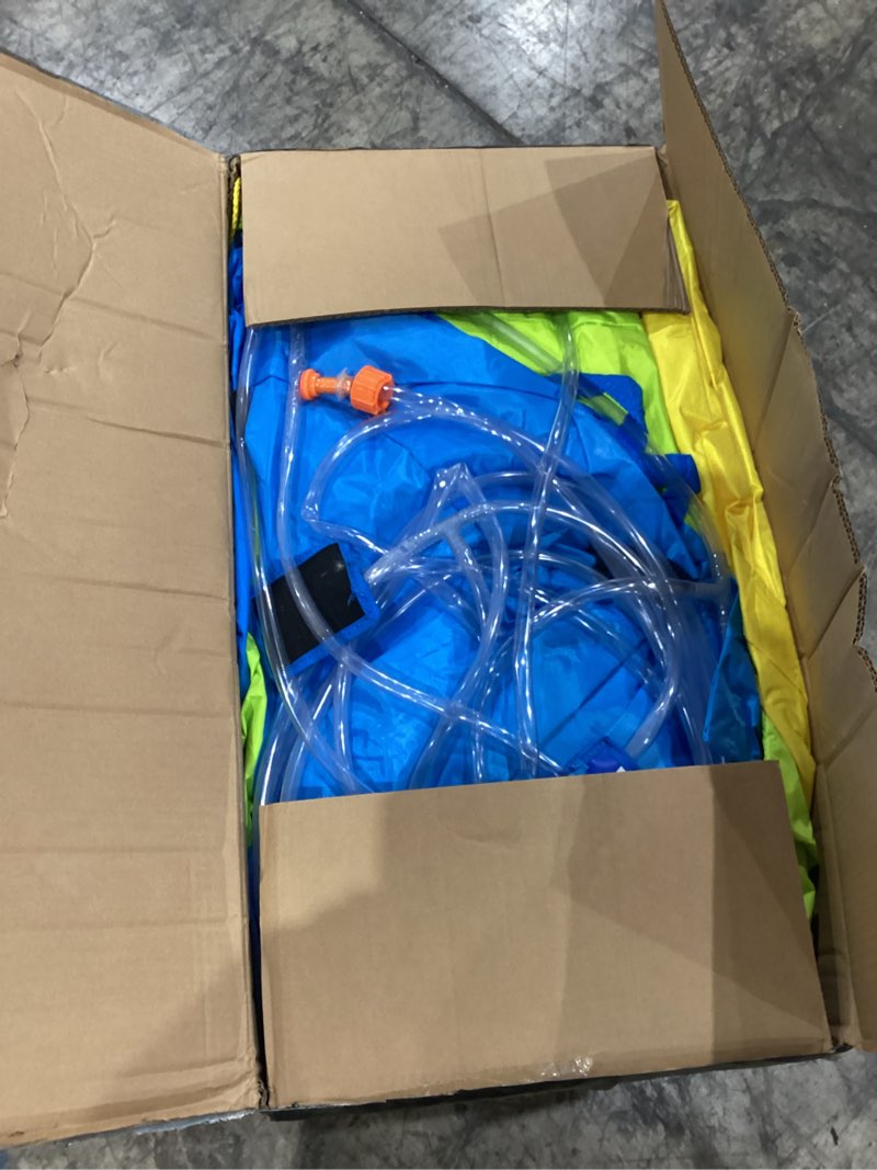 Condition photo showing As Is for inflatable bounce house with double slide, water bounce castle with slide,water slide with splash pool, water cannon, climbing wall, basketball hoop, backyard water slide for kids