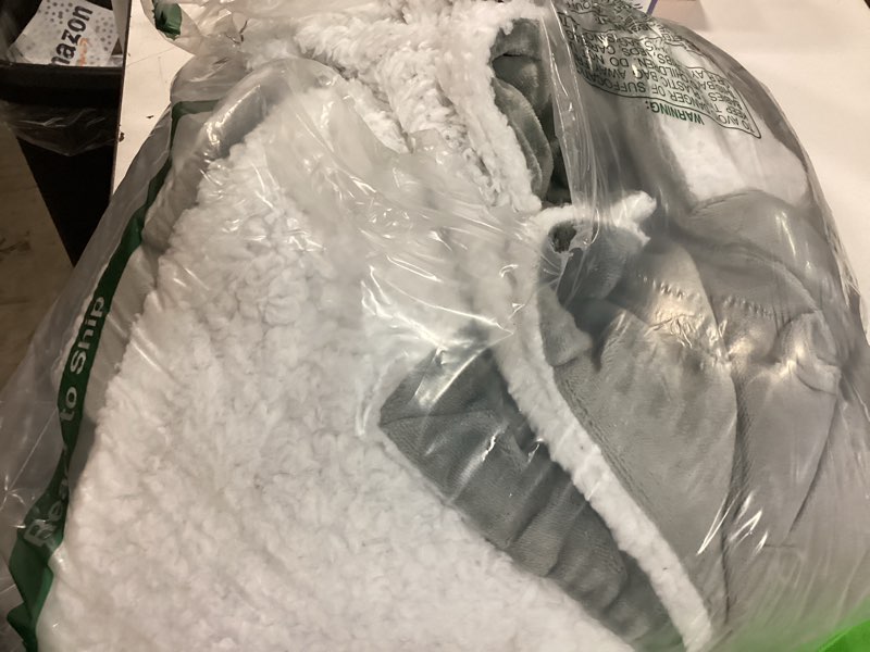 Condition photo showing As Is for fur grey blanket