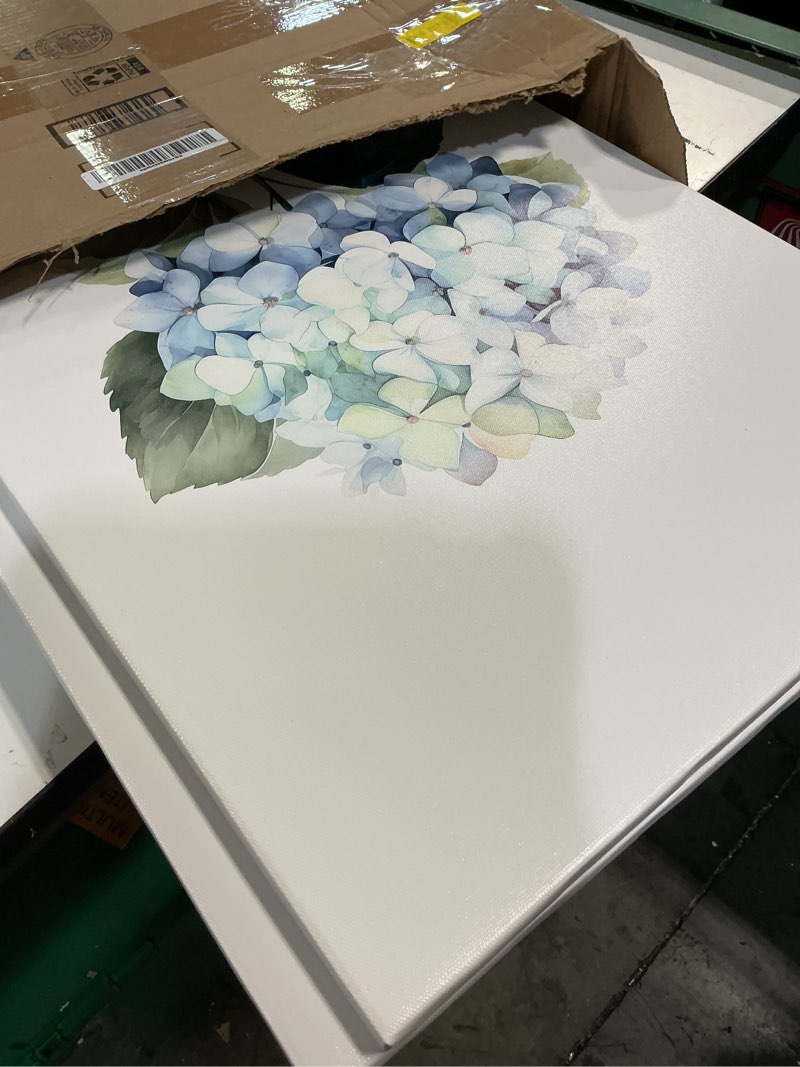 Condition photo showing Good Condition for phexlyart 3 piece blue hydrangea canvas wall art blue floral wall art watercolor botanical pictures wall decor modern minimalist flower art prints for living room bedroom bathroom 16"x24" big blue flowers wrapped canvas 16"x24" canvas