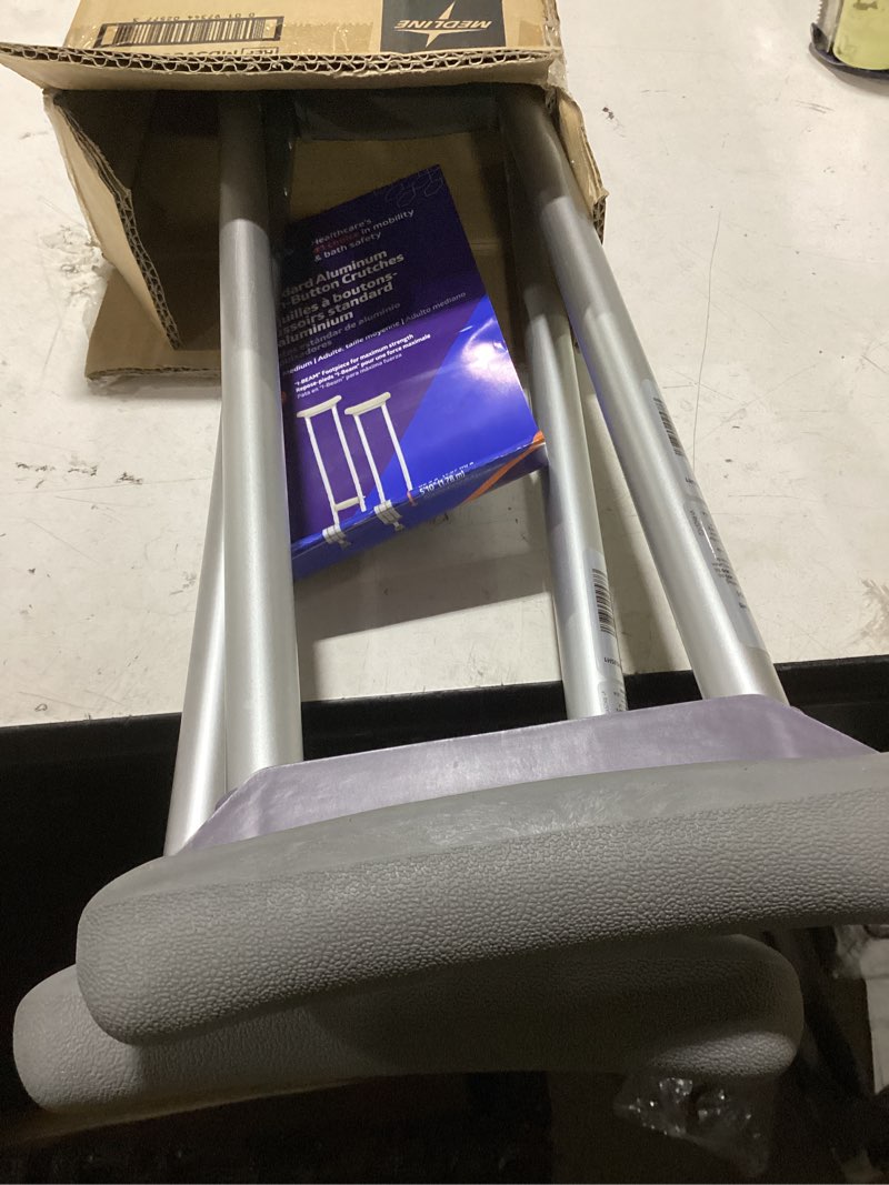 Condition photo showing Good Condition for medline aluminum crutches for kids, adults & seniors, walking aid, 300 lb weight capacity,1 pair, fitting 5'2" - 5'10" medium, 5'2"-5'10"