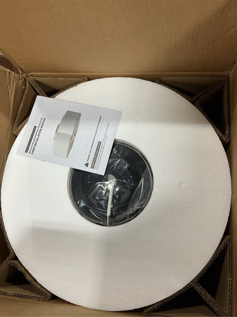 Condition photo showing New/Like New for Caged Ceiling Fan with Lights, Flush Mount 20" Boho Ceiling Fans with Lights Remote Control, Low Profile Fabric Bladeless with 6 Speeds for Bedroom, Nursery, Kitchen White