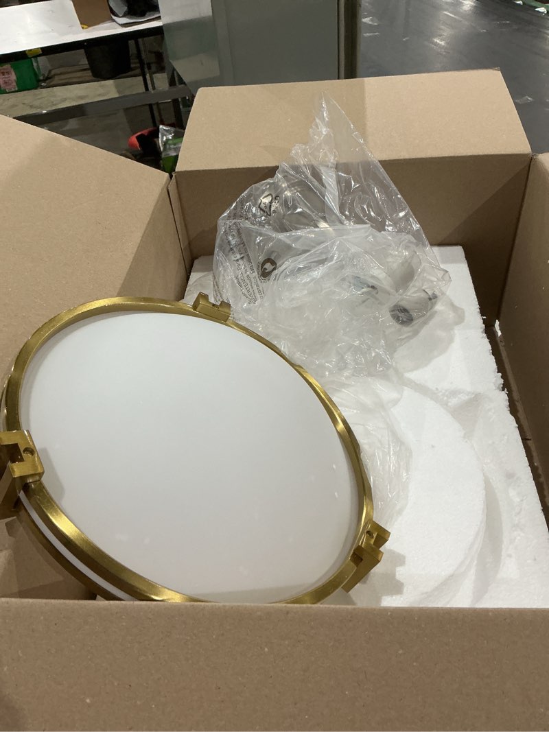 Condition photo showing As Is for 14.57 in. 2-light nickel flush mount with frosted glass shade and no light bulb type included (1-pack)