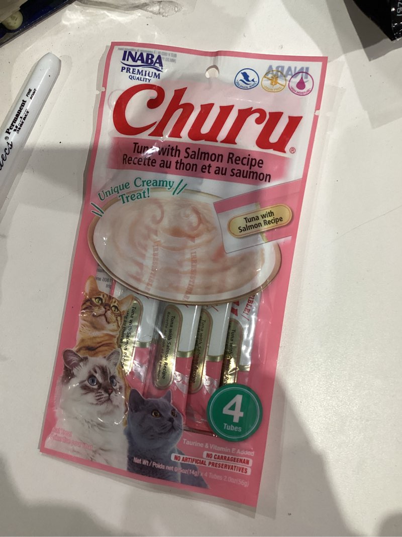 Condition photo showing New/Like New for INABA Churu Cat Treats, Grain-Free, Lickable, Squeezable Creamy Purée Cat Treat/Topper with Vitamin E & Taurine, 0.5 Ounces Each Tube, 4 Tubes, Tuna with Salmon Recipe Tuna with Salmon Recipe 0.5 Ounce (Pack of 4)