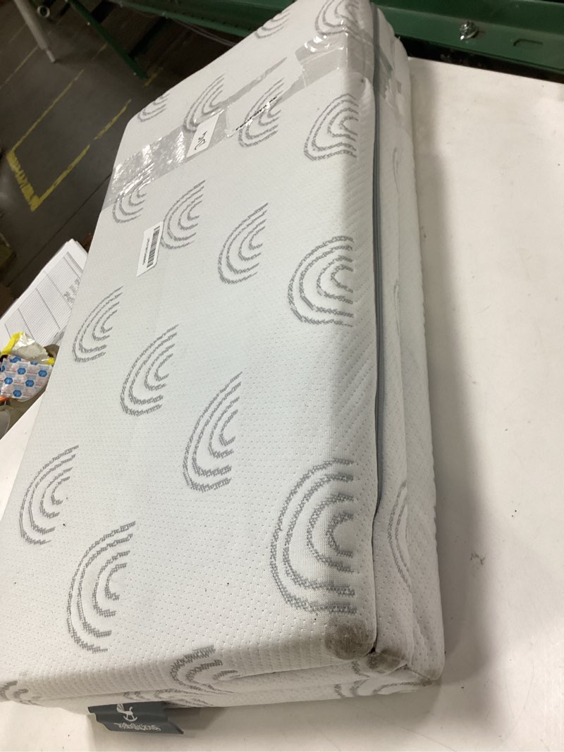 Condition photo showing As Is for waterproof pack and play mattress topper - 38" x 26" | trifold style - breathable soft plush foam - portable playard mattress topper- baby foam playpen mattresses for babies - boho rainbow design