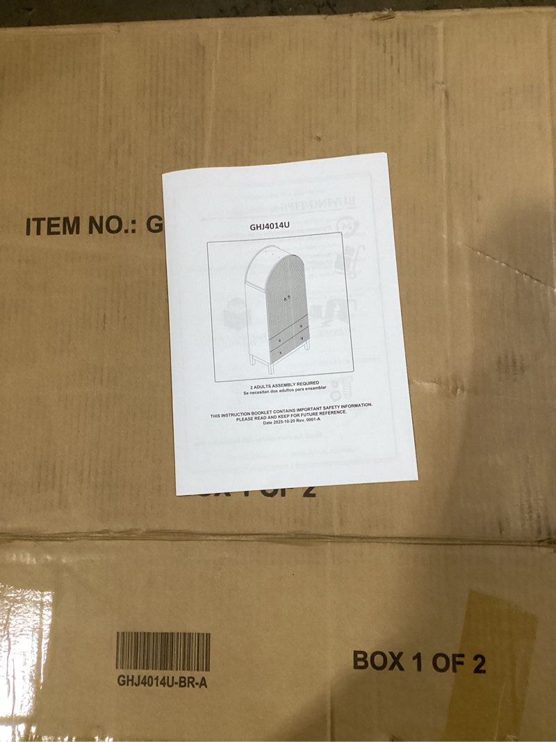 Condition photo showing As Is for (incomplete missing box 2) ifget 71\" tall arched pantry cabinet, fluted kitchen storage cabinet with adjustable shelves and 2 large drawers, freestanding morden versatile cupboard for living room, bathroom, brown
