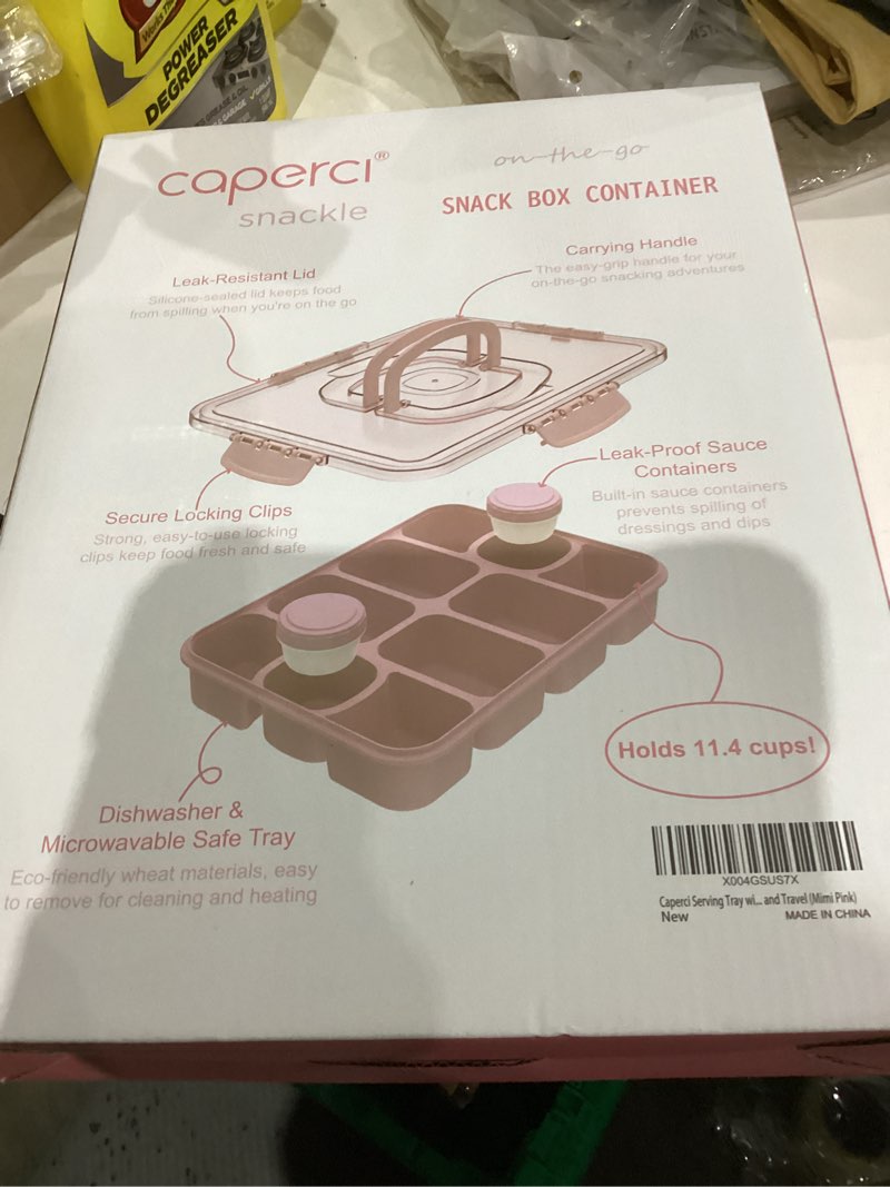 Condition photo showing New/Like New for Caperci Snackle Box Container - Large 10-Compartment Divided Serving Tray with Lid and Handle, Built-in 2 Dip Containers, Dishwasher Safe, Leak-Proof, Wheat Straw, BPA-Free (Pink)