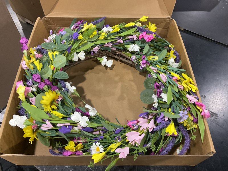 Condition photo showing Good Condition for j'floru spring wreath 24 inch summer wreaths for front door artificial flower wreath with daisy and lavender for indoor outdoor and easter celebration
