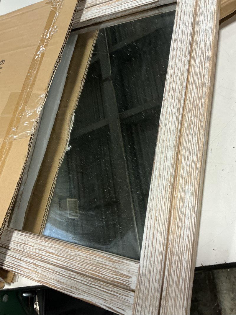Condition photo showing Good Condition for 16 x 12 inch rustic wood framed wall mirror with hanging rope for farmhouse decor, for entryway, bedroom, bathroom, dresser, wash white