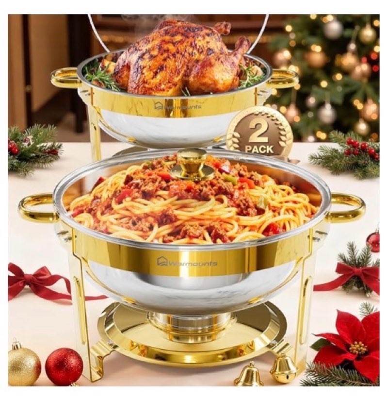 warmounts round chafing dishes for buffet with glass lid 5qt 1pack, food-grade stainless steel chafers and buffet warmers sets with lid holder for parties, events, wedding, camping, dinner