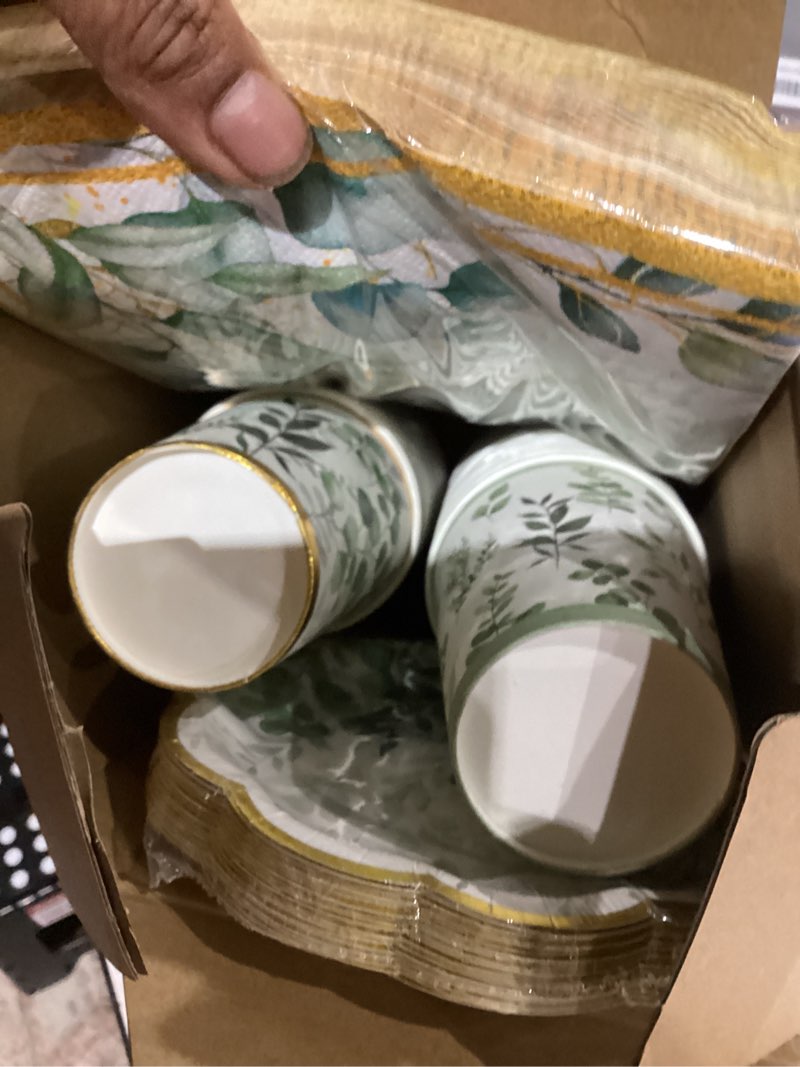 Condition photo showing Good Condition for yungyan 108 pcs 36 guests greenery plates and napkins party supplies sage green and gold scalloped disposable eucalyptus paper 6" plates, napkins and 9 oz cups set for baby shower wedding decoration 108 sage green