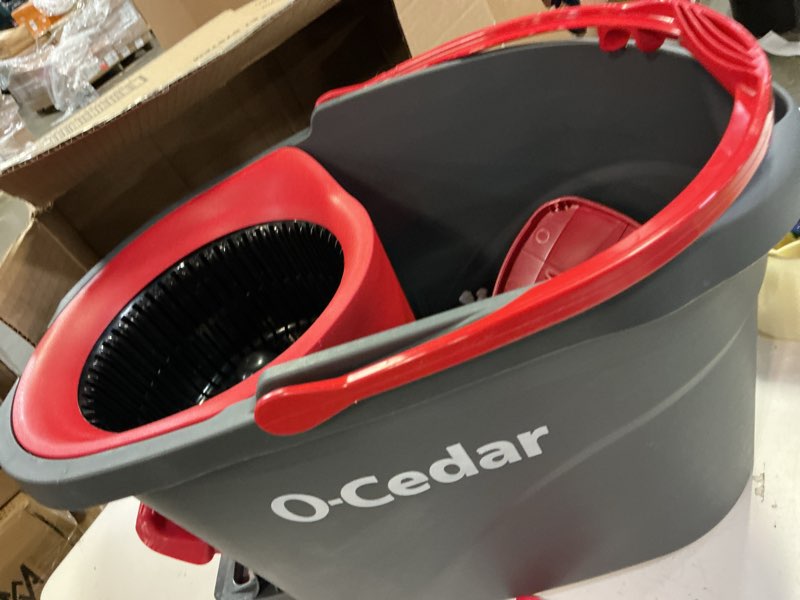 Condition photo showing As Is for o-cedar easywring microfiber spin mop & bucket floor cleaning system + 2 extra refills, red/gray