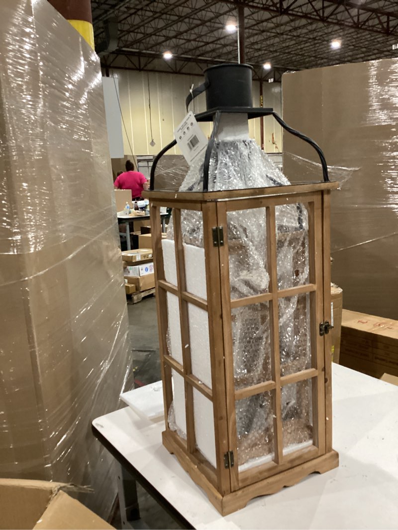 Condition photo showing Good Condition for glitzhome set of 2 oversized farmhouse wood lanterns with metal top decorative hanging candle lanterns for home décor, natural (no glass)