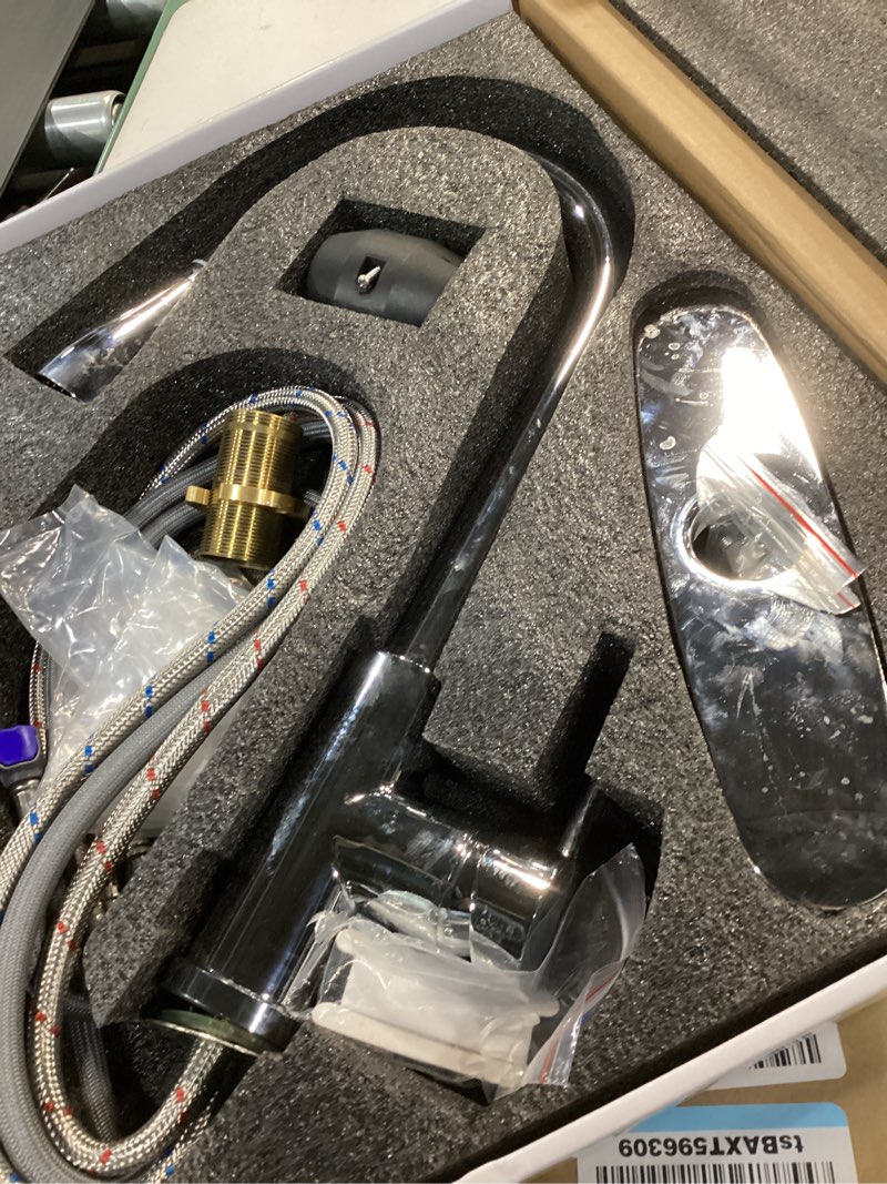 Condition photo showing As Is for Kitchen Faucet with Pull Down Sprayer?Stainless Steel Single Handle Kitchen Faucet?1/3 Hole, Deck Plate Included?Suitable for farmhouses, Campers, Laundry Rooms, RVs, and Bars (Chrome)