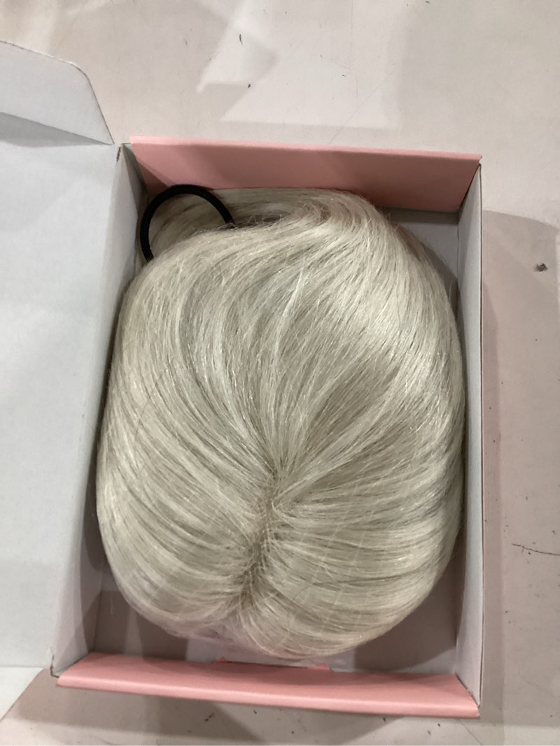 Condition photo showing Good Condition for flufymooz 100% real human hair toppers for women, 10 inch clip in human hair topper for thinning hair, 360°3d cover clip in bangs natural hairpiece with 4.5'' x 3'' silk base-silver white silver white 10 inch