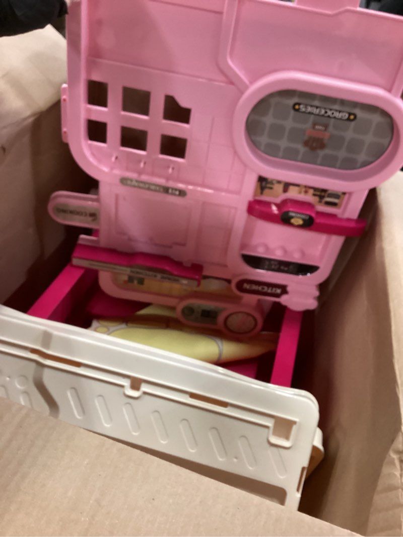 Condition photo showing As Is for Kids Kitchen Playset, Toddler Play Kitchen Set Toys with Sound & Light, Cooking Stove, Play Sink, Play Food Kitchen Accessories, Pretend Kitchen Toy for Kids Toddlers Girls Ages (Pink)