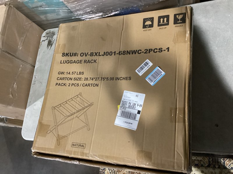 Condition photo showing Good Condition for Fully Assembled Luggage Racks Pack of 2, Bamboo Natural Foldable Luggage Rack for Guest Room, Suitcase Stand with Fabric Storage Shelf for Hotel, 5 Nylon Straps, 26.77" W x 16.93" D x 22.5" H Wood -2pack