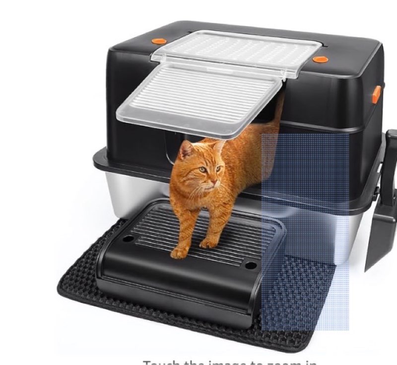 vivifying stainless steel litter box, xl side entry extra large litter box with lid for big cats & kitty, removable enclosed metal cat pan with high sided enclosure, scoop, mat, footboard (black