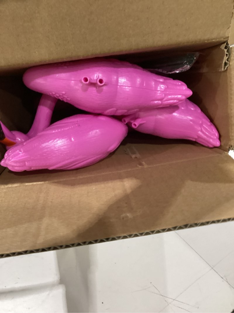 Condition photo showing As Is for joyin set of 6 small pink flamingo yard ornament stakes, 17" plastic flamingo lawn statues with metal legs for sidewalks, outdoor garden decor, luau & pool party decorations, 2 styles