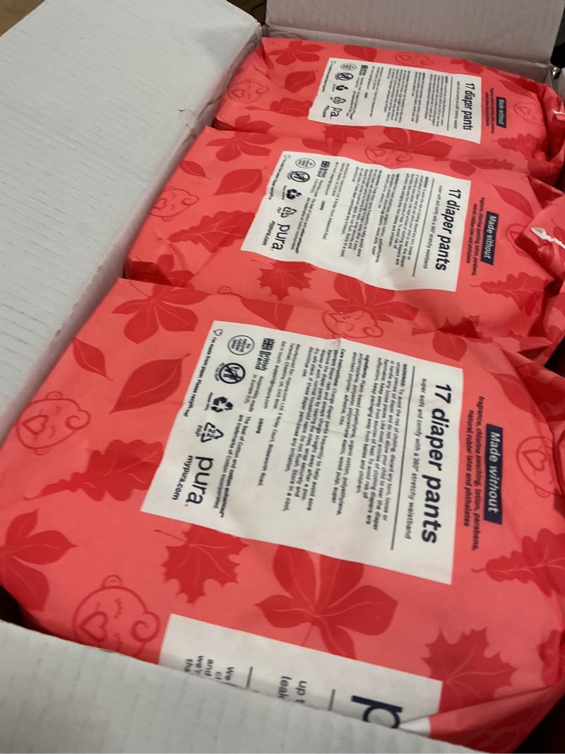 Condition photo showing New/Like New for pura hypoallergenic diaper pants size 6 (33+ lbs) overnight, up to 12 hours leak protection, suitable for sensitive skin, totally chlorine free, soft organic cotton, 3 packs of 17 (51 pull up pants) size 6 51