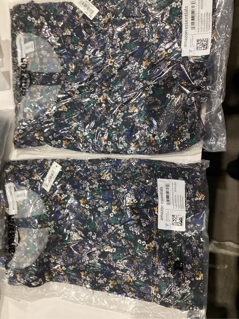 Condition photo showing New/Like New for Amazon Essentials Women's Gathered Short Sleeve Crew Neck A-line Dress (Available in Plus Size) Medium Black Ditsy Floral