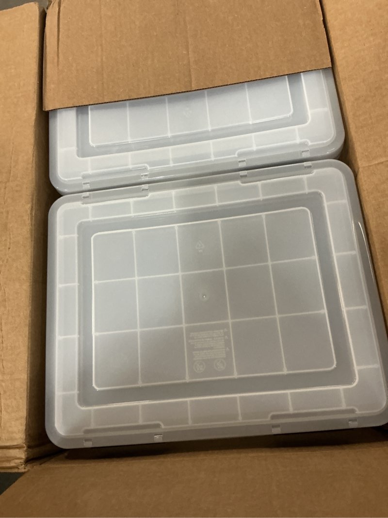 Condition photo showing New/Like New for iris usa file box weatherpro file organizer plastic file box for letter/legal file, water resistant document box, durable lid, seal w/secure latching buckles, stackable, nestable, clear 32 qt. 4pack weatherpro - 4 pack