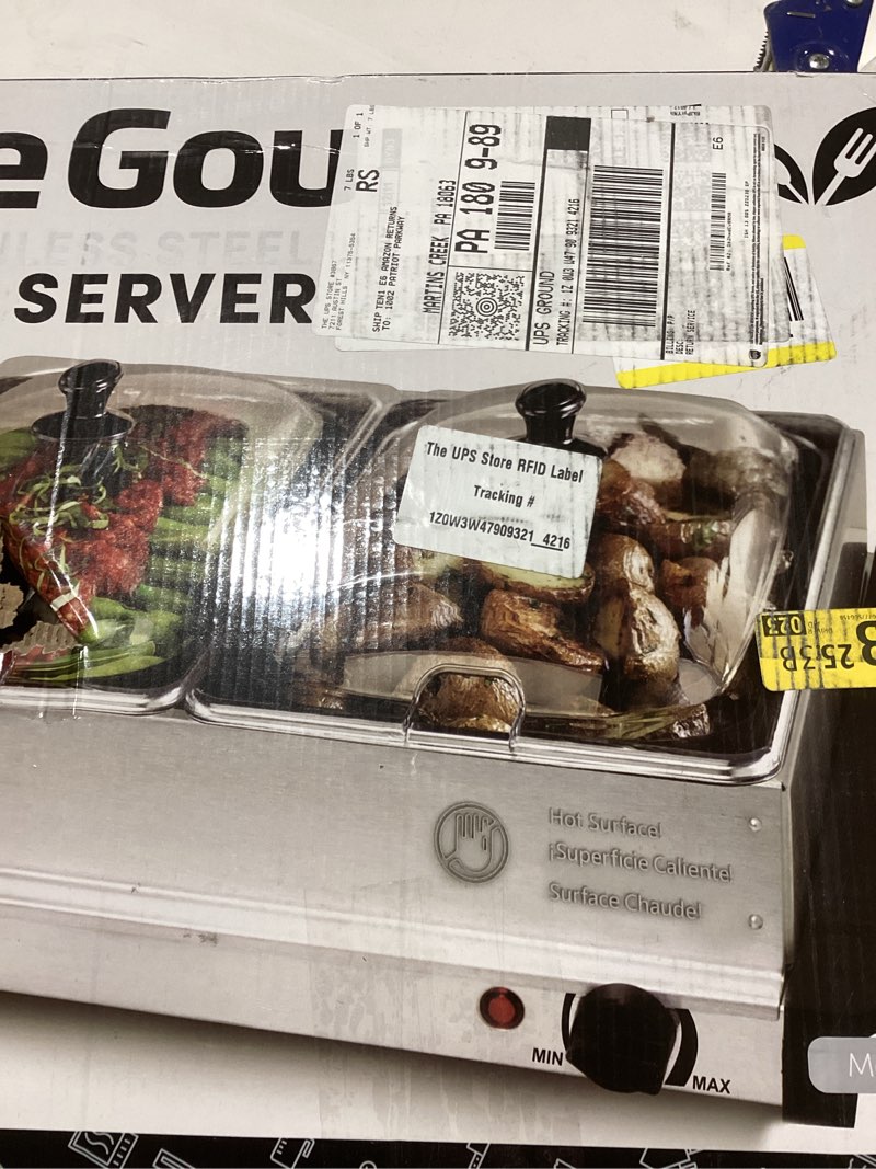 Condition photo showing New/Like New for Elite Gourmet EWM-6122 Dual 2 x 2.5 Qt. Trays, Buffet Server, Food Warmer Temperature Control, Clear Slotted Lids, Perfect for Parties, Entertaining & Holidays, 5 Qt Total, Stainless Steel 5 Quart