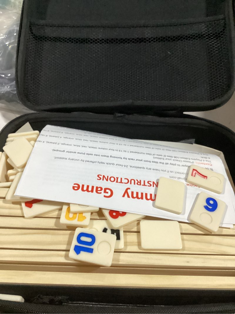 Condition photo showing Good Condition for rummy cube 6 player edition with 6 wooden racks/trays, 160 large numbers rummy tiles set with zippered case, rummy travel game set with 6 tiles holders - classic board games for family adults kids 6 players