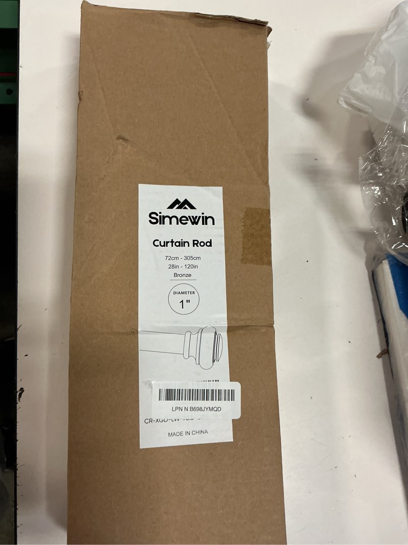 Condition photo showing New/Like New for simewin heavy duty curtain rods for windows 66 to 120 inches, bronze curtain rods for bedroom, living room, patio, kitchen, adjustable with classic finials 28"-120" bronze