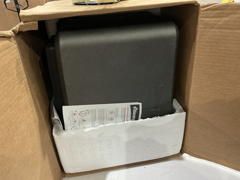 Condition photo showing As Is for sentrysafe black fireproof and waterproof safe, file folder and document box with key lock, 14.3 x 15.5 x 13.5 inches, hd4100