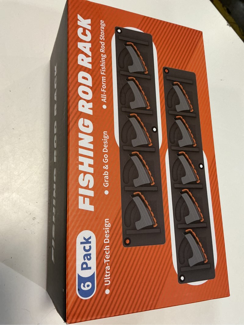 Condition photo showing New/Like New for fishing rod holder for garage wall, vertical fishing pole rack with tpe soft pads each holds up to 5 rods 0.1"-0.75" – wall mounted fishing rod storage organizer,gifts for men – 6 pack (holds 30 rods) orange 6-pack (store 30 combos)