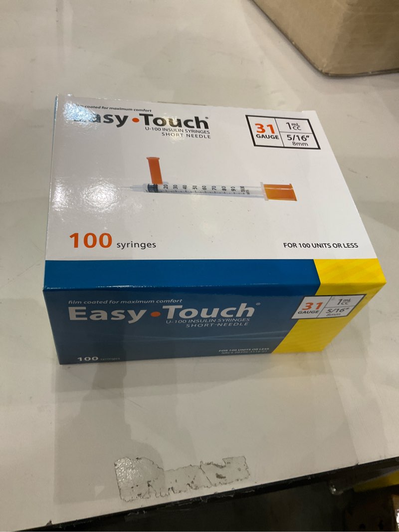 Condition photo showing New/Like New for Easy Touch U-100 Insulin Syringe with Needle, 31G 1cc 5/16-Inch (8mm), Box of 100 31G 1cc 5/16" (8mm) 100