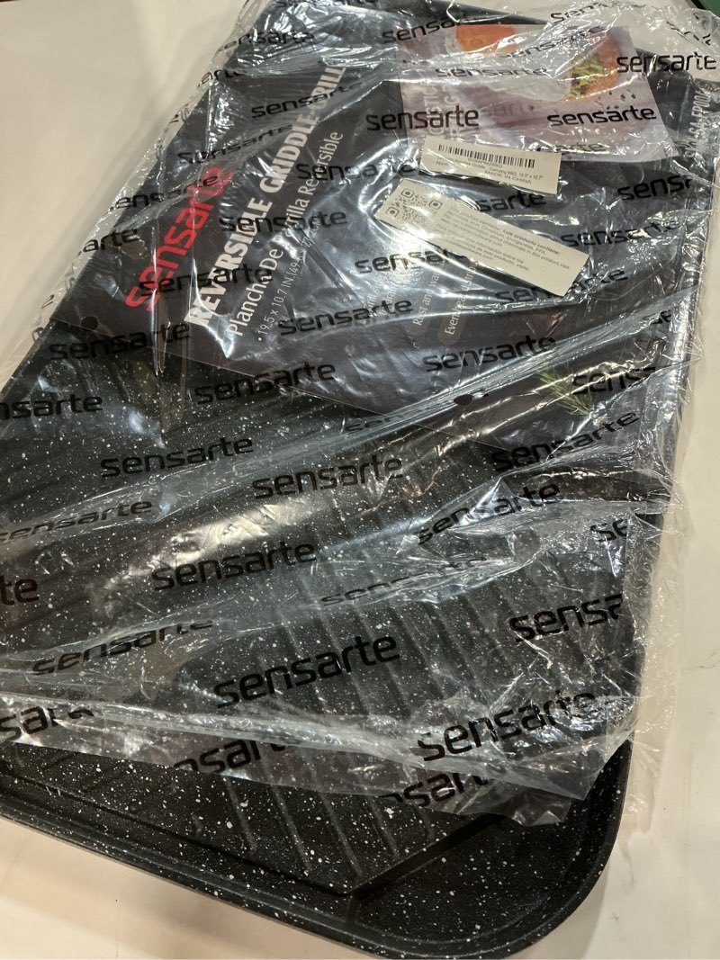 Condition photo showing Good Condition for SENSARTE Nonstick Griddle Grill Pan, Pro-Grid Reversible Grill & Griddle Pan, Two Burner Cast Aluminum, Portable for Indoor Stovetop or Outdoor Camping BBQ, 19.5" x 10.7" 19.5"x10.7" Black