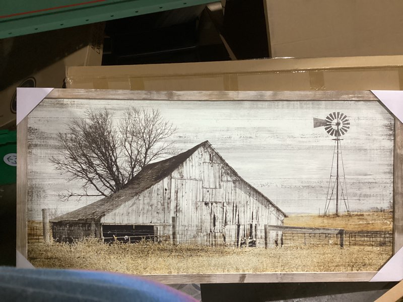 Condition photo showing Good Condition for Farmhouse Framed Wall Art Picture: Rustic Barn Farm Wood Artwork Decor Large Country Landscape Windmill Print Horizontal Panoramic Countryside Rural Nature Scene Painting for Living Room Bedroom Farm 03 48"L x 24"W