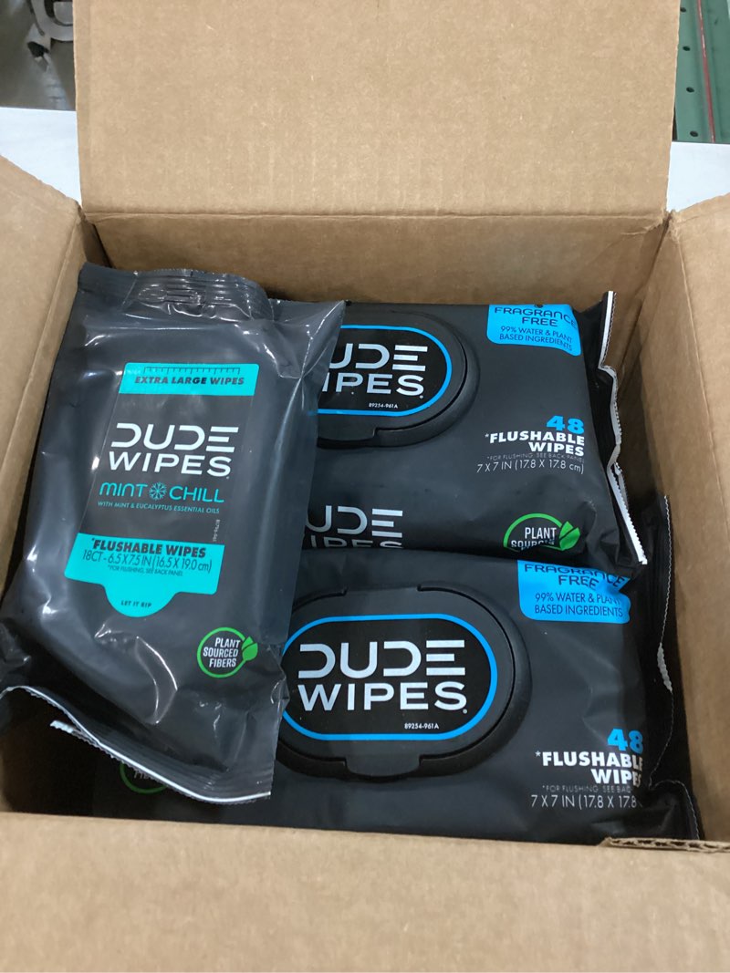 Condition photo showing New/Like New for DUDE Wipes - Flushable Wipes - 8-Pack, 384 Count - Unscented + Mint Chill Travel Pack 1-Pack, 18-Count - Extra-Large - Vitamin-E & Aloe - Septic and Sewer Safe