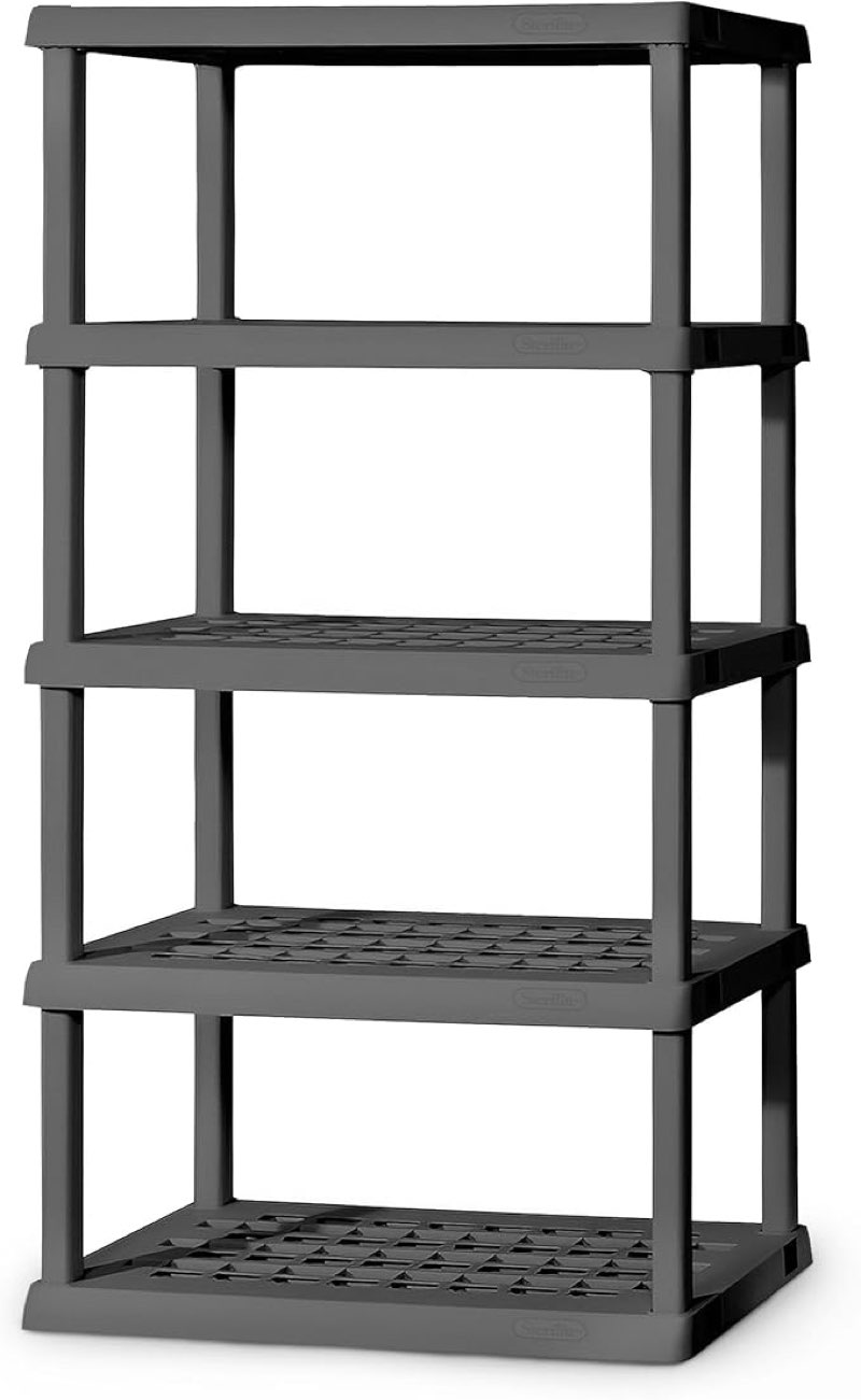 sterilite 5-shelf plastic storage shelves, heavy duty shelving rack unit for garage, gray