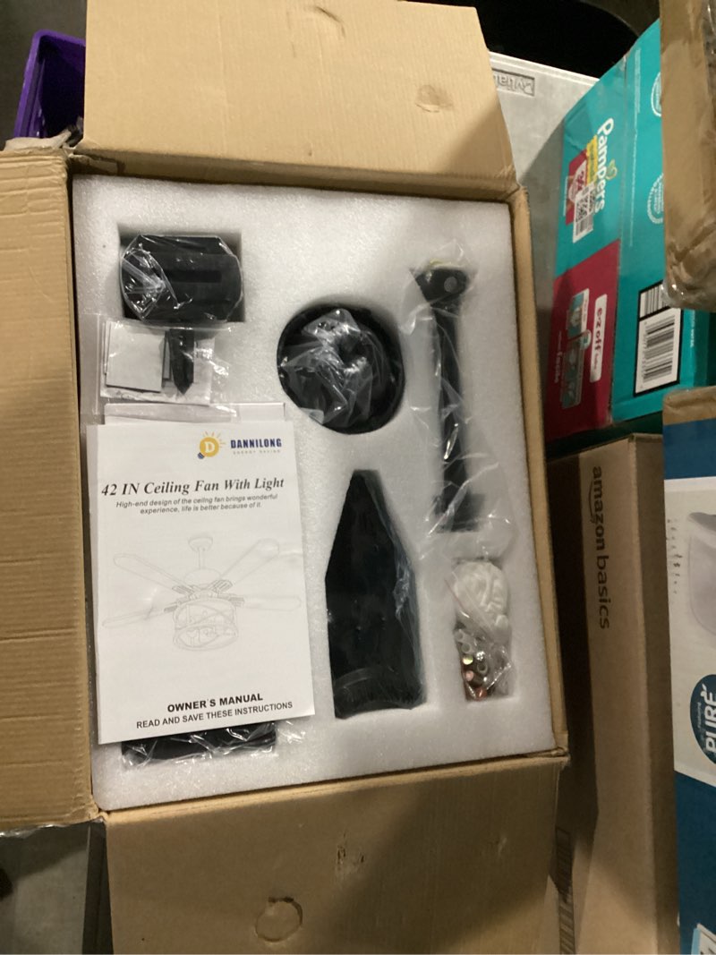 Condition photo showing New/Like New for ceiling fan with light and remote,42in farmhouse caged flush mount ceiling fans for bedroom,living room rustic industrial fandelier for patio 6 speed reversible,5 dual blades indoor/outdoor 42" wood