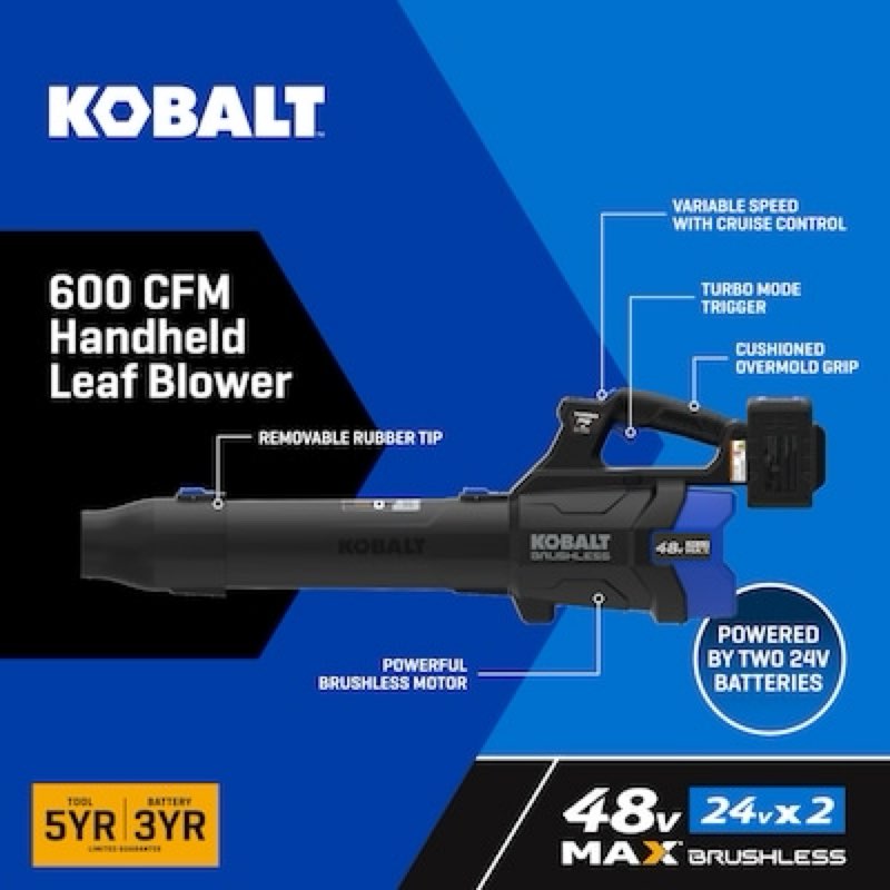 kobalt 48v max (24vx2) 600 cfm / 150 mph handheld leaf blower