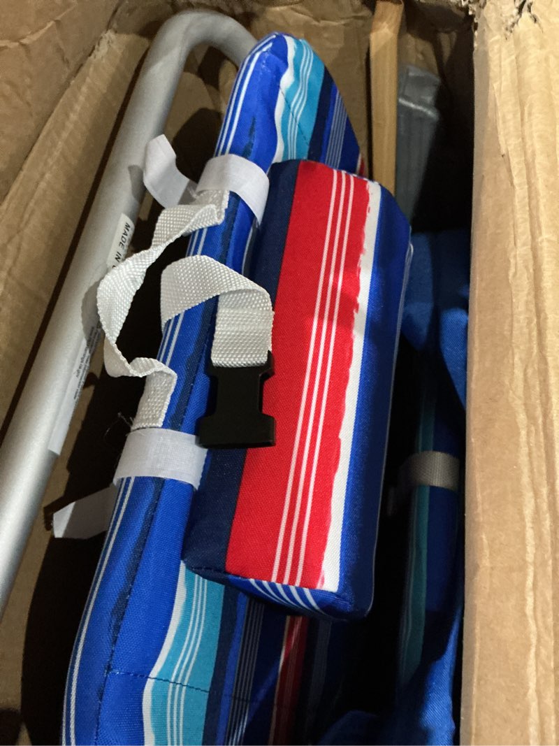 Condition photo showing As Is for tommy bahama 2-pack hi-boy 17" seat height 4-position lace-up suspension folding backpack beach chair 2-pack blue/red stripe