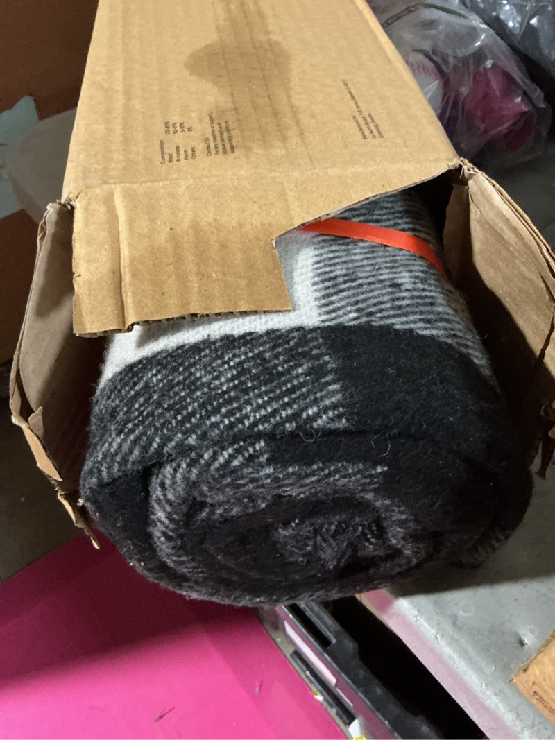 Condition photo showing As Is for woolly mammoth merino wool blanket- 66" x 90" 4 lbs thick, outdoor/indoor throw for campfire, picnic, beach, van life, home, heavy duty insulating sleep plaid, twin size bed, black/cream design black & cream