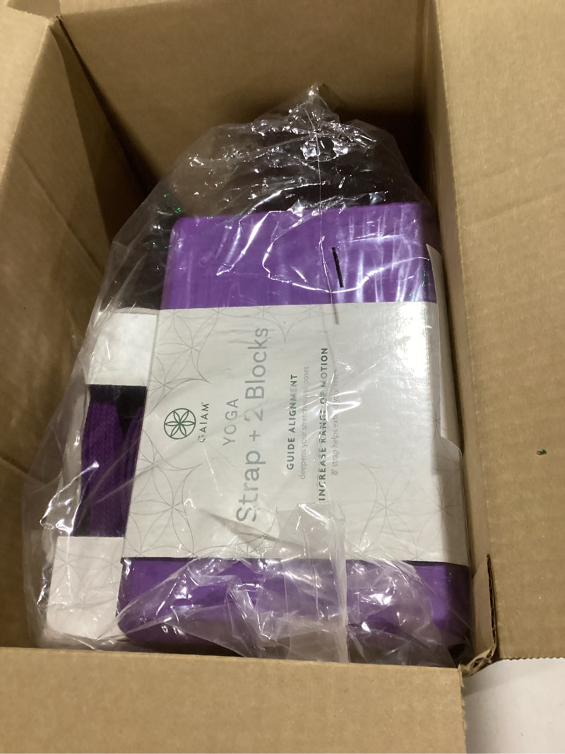 Condition photo showing Good Condition for Gaiam Yoga Block - Supportive Latex-Free Eva Foam - Soft Non-Slip Surface with Beveled Edges for Yoga, Pilates, Meditation - Yoga Accessories for Stability, Balance, Deepen Stretches 2pk Block/Strap Combo 2pk Combo Deep Purple