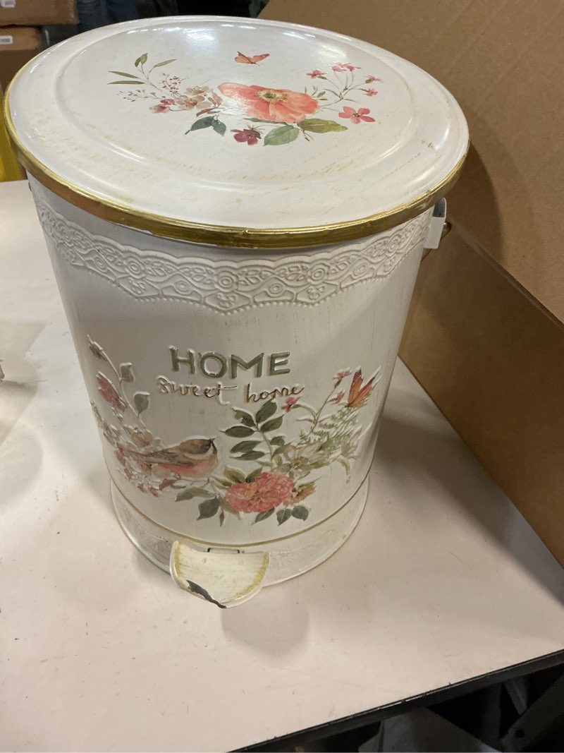 Condition photo showing As Is for Z&Z ornamentorum Outdoor Small Trash Can with Lid Dog Poop Trash Can Outside for Kitchen Park Garden and Pedal Round Touchless Garbage (White)