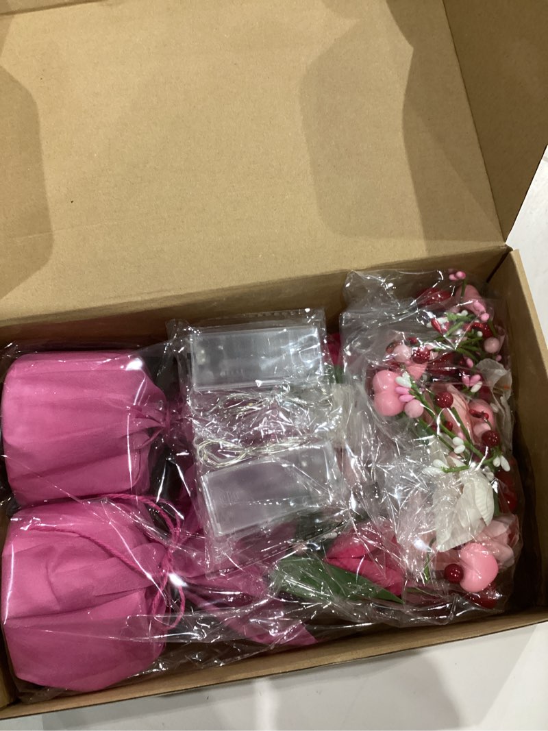 Condition photo showing Good Condition for Pinkunn 2 Packs Mother's Day Table Centerpiece Decor Mother's Day Table Tree Decoration with Light, 16 Inches Artificial Tulip Red Pink Heart Shaped Berry Burlap Base Decor for Dining Room Home Rose Red Valentine