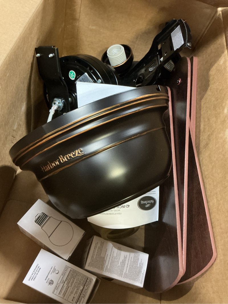 Condition photo showing As Is for harbor breeze centreville 42-in oil-rubbed bronze with auburn/mink blades led indoor flush mount ceiling fan with light (5-blade)