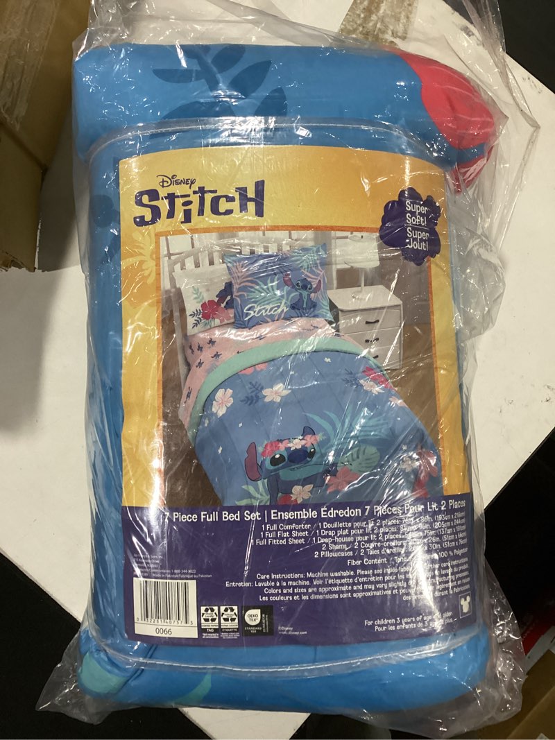 Condition photo showing As Is for jay franco disney lilo & stitch paradise dream 7 piece full bed set - includes reversible comforter & sheet set bedding - super soft fade resistant microfiber (official disney product) full blue - lilo & stitch